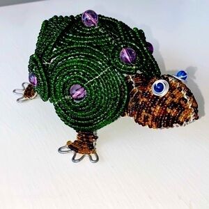 Beadworx Beaded Green Turtle Purple Accents Art Collectible Handmade Figurine